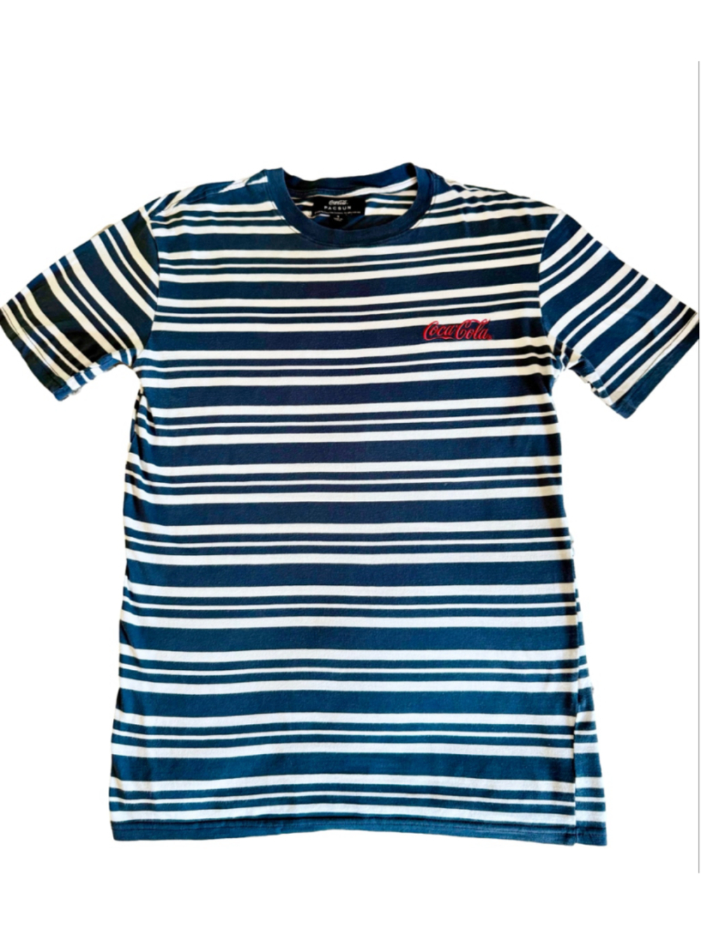 Men's Coca-Cola Striped Short Sleeve Tee, Size S, Blue and White
